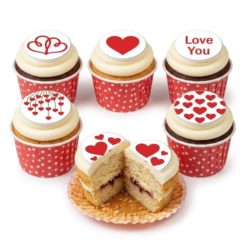 A selection of love heart cupcakes with white frosting and red heart designs, some with 'Love You' message, in red polka dot wrappers.
