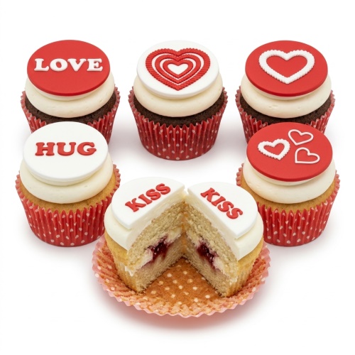 Six cupcakes with red and white fondant toppers featuring hearts and words like LOVE, HUG, KISS.