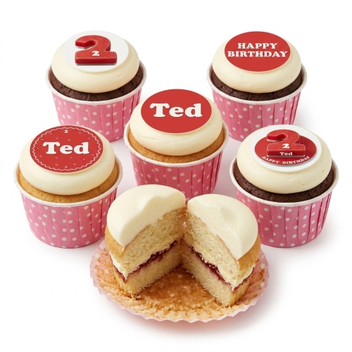Birthday cupcakes with cream frosting, red toppers, and pink polka dot wrappers, showcasing custom age and name examples.