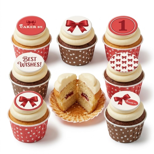 Cupcakes with white frosting, red bow toppers, and polka dot cases, including a custom age example.