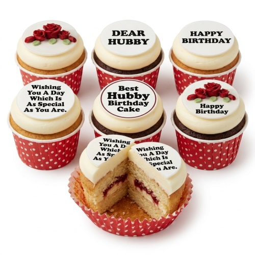Six cupcakes with white buttercream, red polka dot cases, red roses, and various birthday messages.