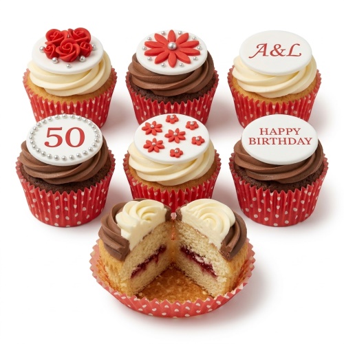 Cupcakes with red floral decorations, silver pearls, and customisable white toppers for age, initials, or messages.