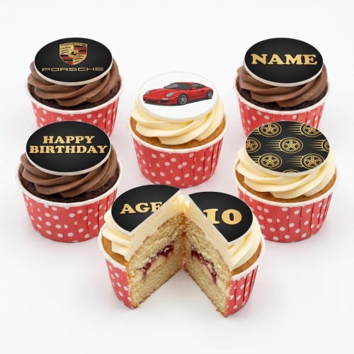 Cupcakes with Porsche logo, red sports car, wheel pattern, Happy Birthday, and custom age/name toppers.