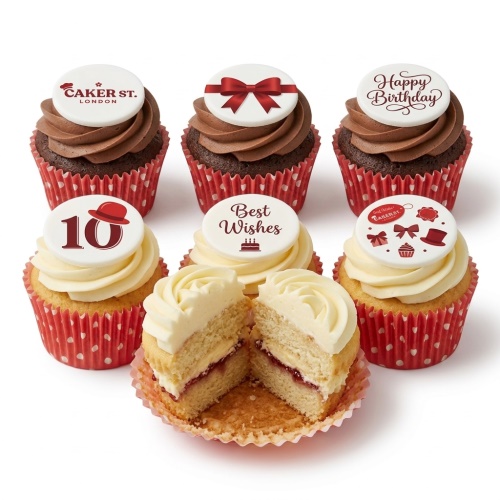 Assorted birthday cupcakes with chocolate and vanilla frosting, topped with edible celebration designs and a custom age '10' topper.