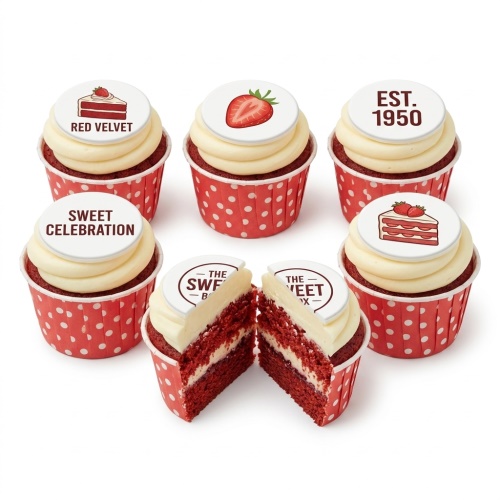Red velvet cupcakes with white frosting, red polka dot cases, and celebration-themed toppers including a strawberry.