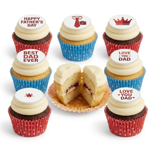 A selection of Father's Day themed cupcakes with white frosting, red and blue polka dot wrappers, and edible toppers featuring messages like 'Happy Father's Day', 'Best Dad Ever', 'Love You Dad', a tie, and a crown.