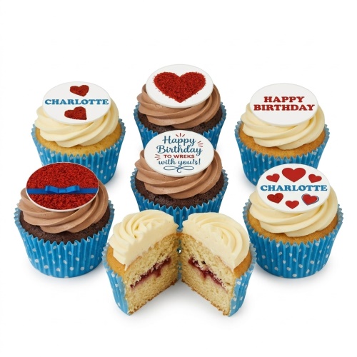 Assortment of cupcakes with white and brown frosting, decorated with red hearts, red crumb, and customisable birthday messages.