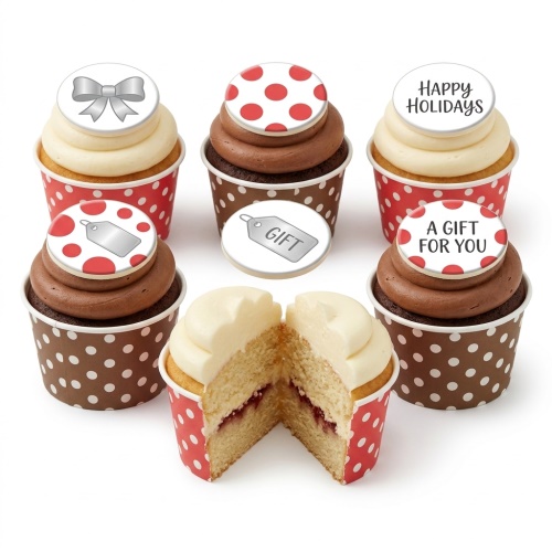 Vanilla and chocolate cupcakes with white and brown frosting, topped with red polka dots, silver bow, 'GIFT' tag, 'Happy Holidays', and 'A GIFT FOR YOU' toppers.