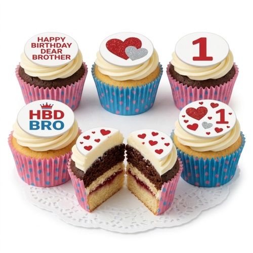 Cupcakes with vanilla and chocolate sponge, white frosting, and heart-themed birthday toppers for a brother.