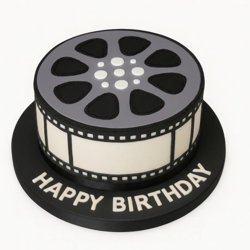 Round film reel birthday cake with a film strip design and 'Happy Birthday' message.