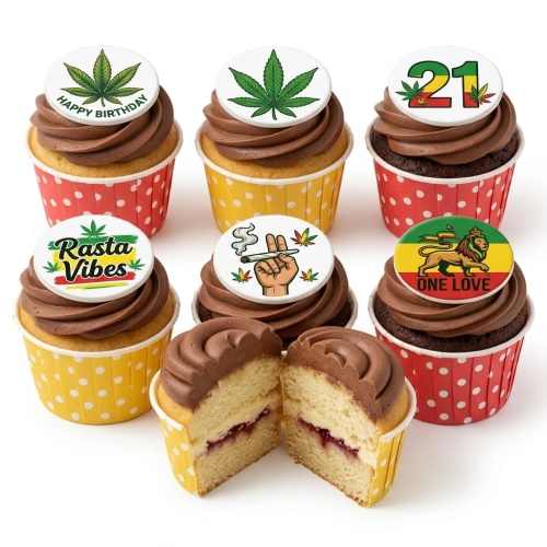 Cupcakes with chocolate frosting and Rasta-themed toppers, including cannabis leaves, peace sign, lion, and custom age/message.