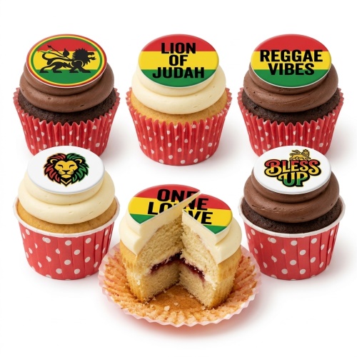 Six cupcakes with red, yellow, green, and black reggae-themed edible toppers, including Lion of Judah and One Love designs.
