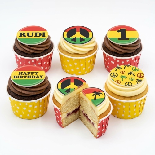 Reggae themed birthday cupcakes with red, yellow, green toppers, peace signs, and custom age/name examples.