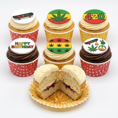 Six cupcakes with 420, cannabis leaf, reggae colours, skateboard, peace sign, and Happy Birthday toppers.