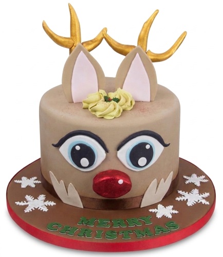 Round Christmas cake decorated as a reindeer face with golden antlers, red nose, and "Merry Christmas" message.