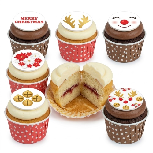 Christmas cupcakes with reindeer, poinsettia, bells, and 'Merry Christmas' toppers on chocolate and vanilla frosting.