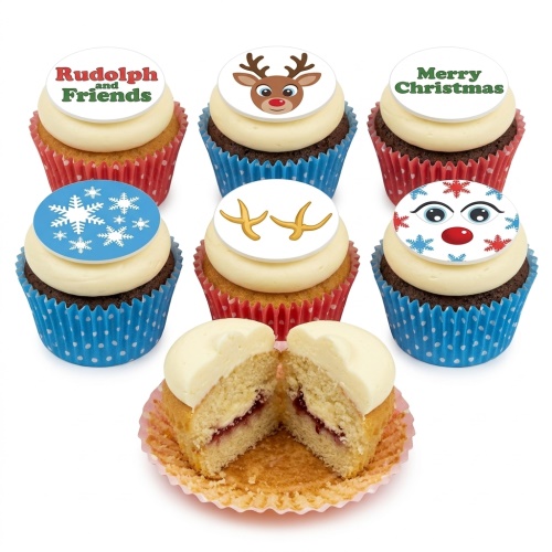 Christmas cupcakes with Rudolph the Reindeer, antlers, snowflakes, and "Merry Christmas" toppers.