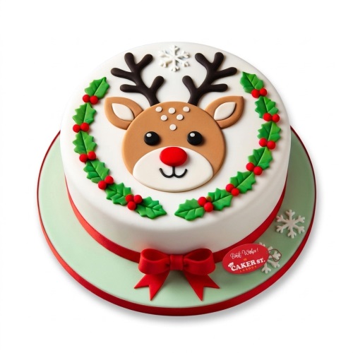 Round white Christmas cake with reindeer face, holly, berries, and snowflakes decorations