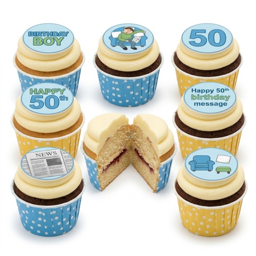 Men's birthday cupcakes with blue and yellow cases, topped with white frosting and edible toppers featuring a man on a sofa, a newspaper, and custom age '50'.