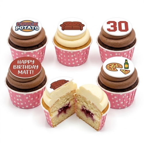 Couch Potato themed birthday cupcakes with sofa, pizza, beer, and 'Couch Potato' toppers.