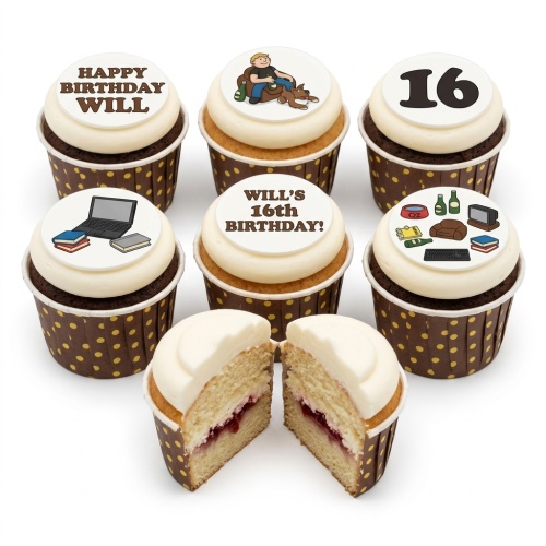 Birthday cupcakes with gaming, relaxing, and book themed toppers, featuring a custom age option.