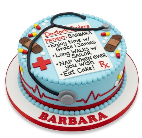 Round light blue fondant cake with stethoscope, red cross, pills, band-aids, and a 'Doctor's Orders' message.