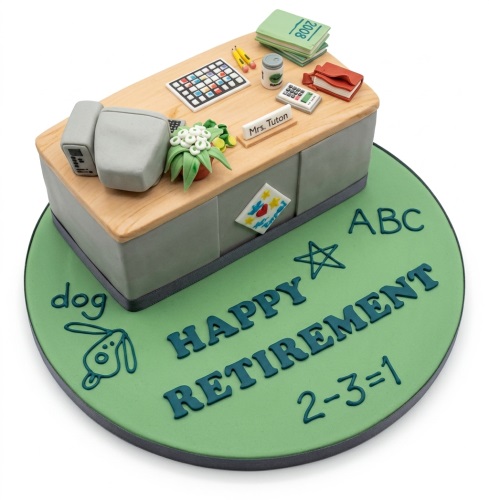 Novelty office desk cake with computer, books, plant, and 'Happy Retirement' message on a green board.