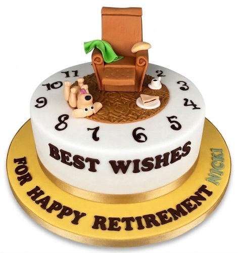 White round retirement cake with armchair, dog, clock numbers, and 'Best Wishes For Happy Retirement' message.