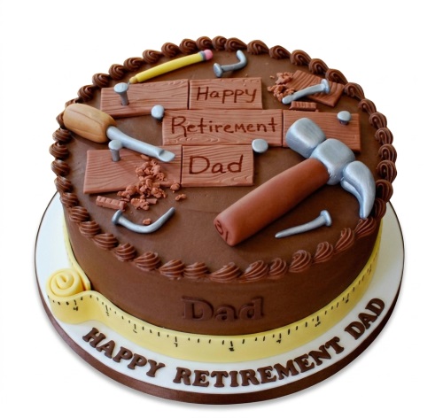 Round chocolate retirement cake for Dad with edible hammer, chisel, nails, and wood planks.