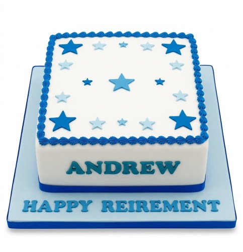 White square retirement cake with blue stars and blue piped icing border, on a blue cake board.