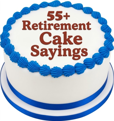 White round retirement cake with blue shell border and ribbon, featuring a retirement message.