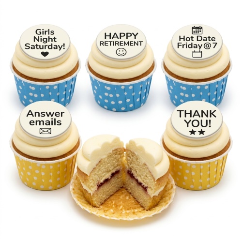 Vanilla cupcakes with white frosting and custom message toppers in blue and yellow polka dot cases.