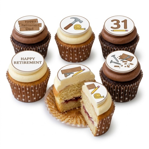 Cupcakes with carpentry tools and retirement themed edible toppers, with vanilla and chocolate frosting.