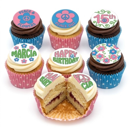 Assortment of peace sign and floral themed birthday cupcakes with custom age and name toppers.