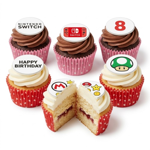 Nintendo Switch and Super Mario themed birthday cupcakes with custom age topper.