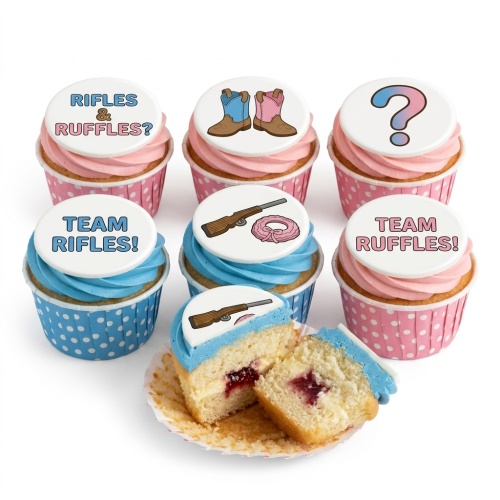 Gender reveal cupcakes with 'Rifles & Ruffles' theme, blue and pink frosting, and themed toppers.