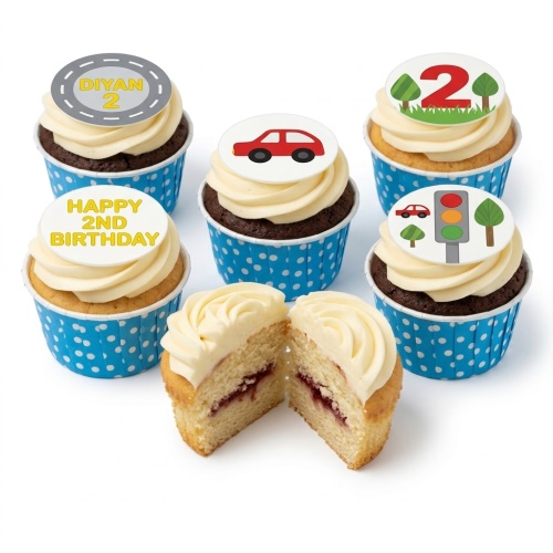 Six car theme birthday cupcakes with red cars, traffic lights, and road signs.