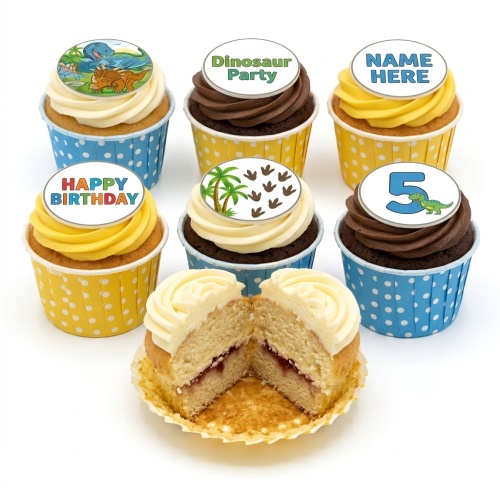 Dinosaur themed cupcakes with various edible toppers including cartoon dinosaurs, palm trees, footprints, 'Dinosaur Party', 'Happy Birthday', 'NAME HERE', and a custom age '5'.