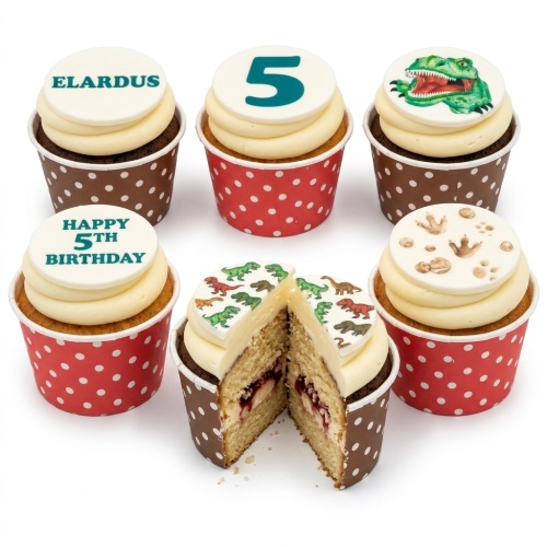 Set of dinosaur-themed birthday cupcakes with custom age and name toppers, featuring T-Rex, small dinosaurs, and footprints.