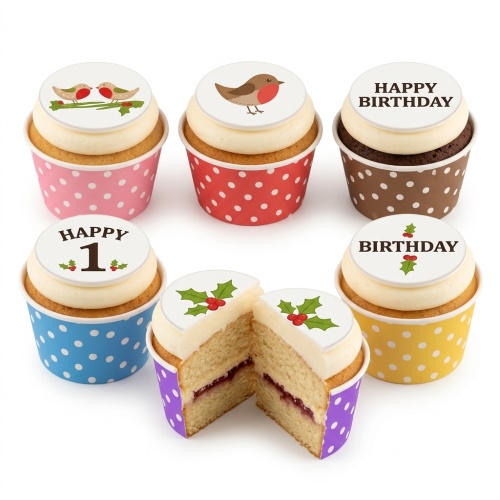 Cupcakes with white frosting, robin and holly toppers, and polka dot wrappers, featuring custom age and Happy Birthday messages.