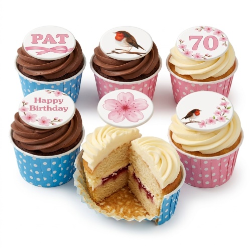 Elegant cupcakes with chocolate and vanilla frosting, topped with edible cherry blossoms, robin birds, and customisable birthday message toppers.