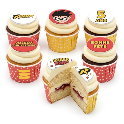 Superhero themed cupcakes with Robin character and logo toppers, featuring custom age and birthday messages.
