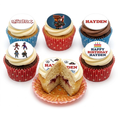 Assortment of Roblox themed cupcakes with character and logo toppers, some with 'Happy Birthday' message.