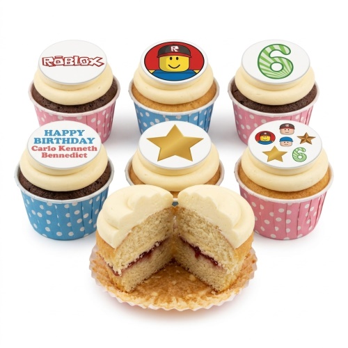 Roblox themed birthday cupcakes with gaming character and star toppers, some with custom age and personalised message.