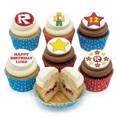 Roblox themed birthday cupcakes with character, logo, star, and custom age toppers.