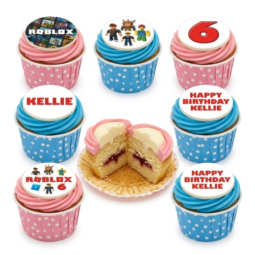Roblox themed cupcakes with character toppers, logo, and custom age and name examples on pink and blue frosting.