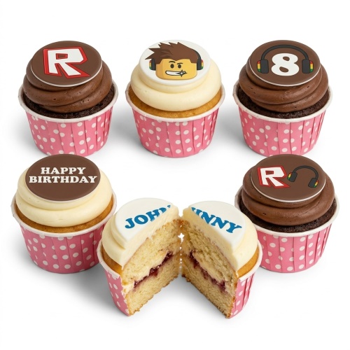 Roblox themed cupcakes with chocolate and vanilla frosting, pink polka dot wrappers, and custom age and name toppers.