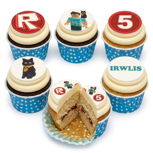Roblox themed birthday cupcakes with edible logo, avatar, custom age topper, and personalised name.