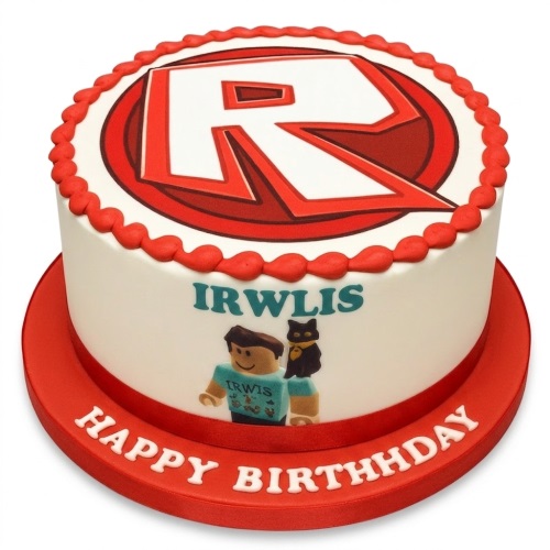 Round white Roblox themed birthday cake with red logo, character, and custom message.