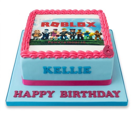 Square light blue and pink Roblox birthday cake with edible character topper and customisable name and age.